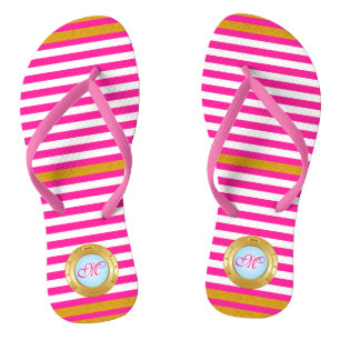 Summer Pink Gold Stripes Monogrammed Beach Flip Flops