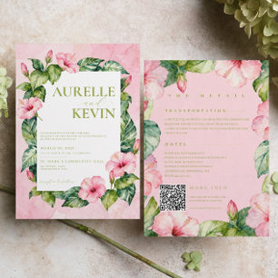 Summer Pink Green Floral Watercolor QRcode Wedding Invitation
