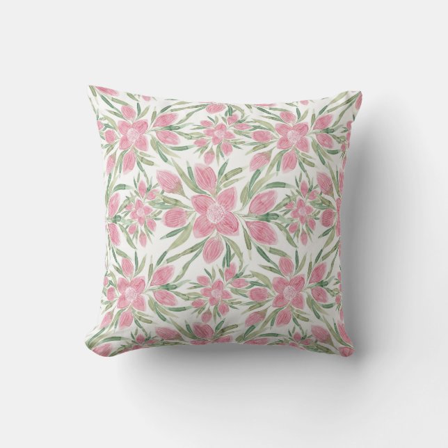 Summer Pink Green Watercolor Blooming Flowers Outdoor Pillow (Front)