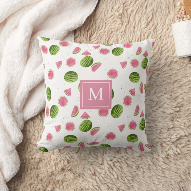 Summer Pink & Green Watermelon Monogram Initials Throw Pillow (Blanket)