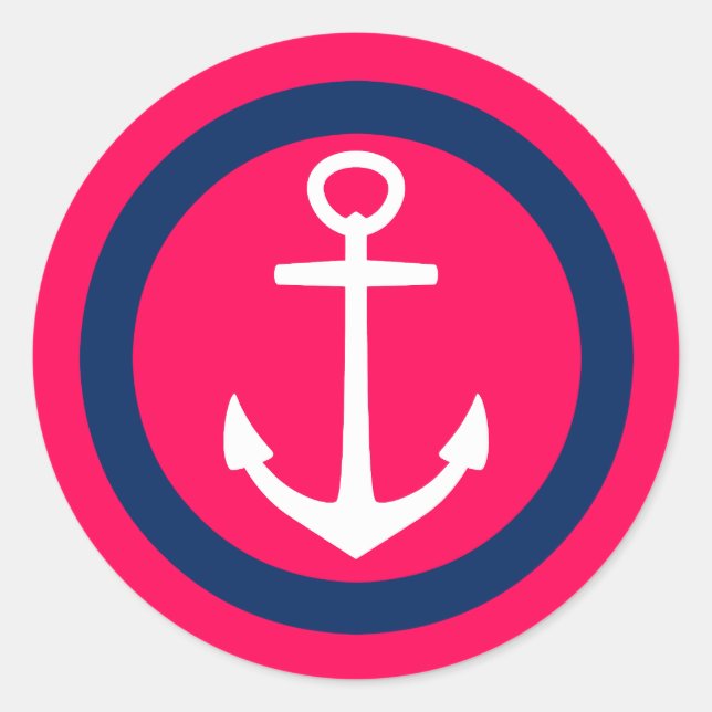 Summer Pink Navy Blue and White Anchor Classic Round Sticker (Front)