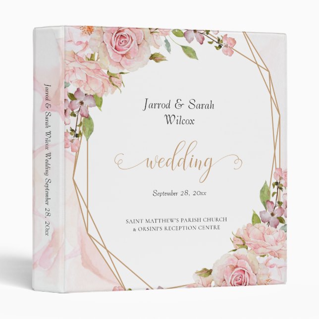 Summer Pink Rose and Gold Wedding Photo Binder (Front/Spine)