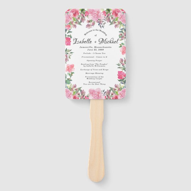 Summer Pink Rose Floral Wedding Program Hand Fan (Front)