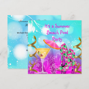Summer Pink Teal Beach Pool Party Invitation
