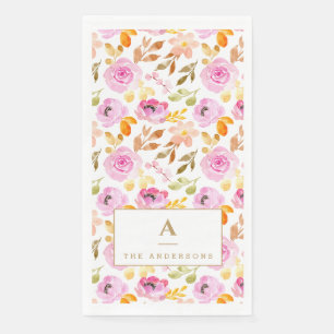 Summer Pink Watercolor Floral Family Monogram Napkin
