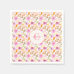Summer Pink Watercolor Floral Monogram and Name  Napkin