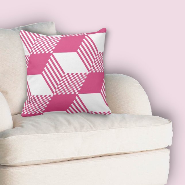 Summer Pink & White Stripe Diamond Checker Pattern Throw Pillow (Summer Pink & White Stripe Diamond Checker Pattern Throw Pillow)