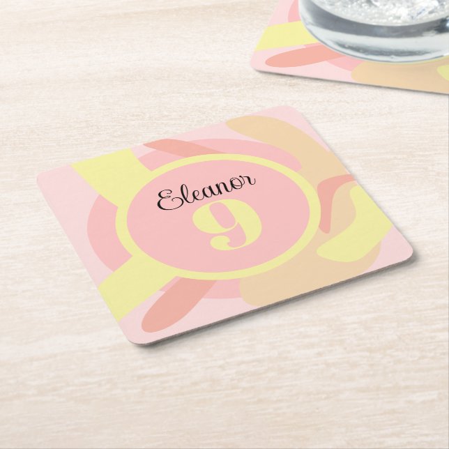 Summer Pink Yellow Cream Modern Personalized Square Paper Coaster (Angled)