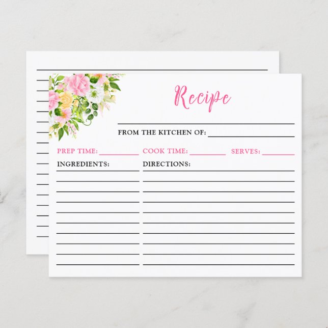 Summer Pink Yellow Floral Recipe Card (Front/Back)