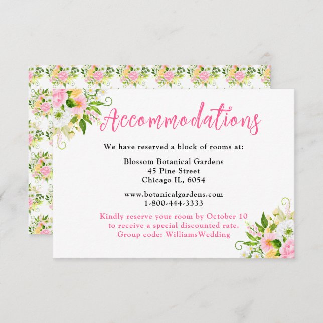 Summer Pink Yellow Floral Wedding Accommodations Enclosure Card (Front/Back)
