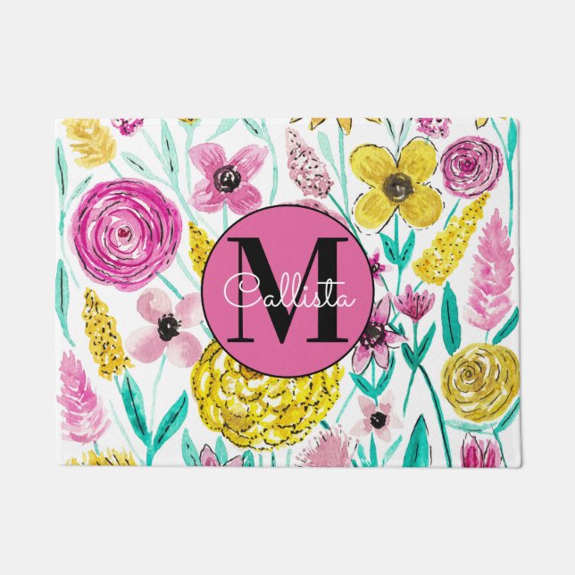 Summer Pink Yellow Flowers Watercolor Monogram Doormat (Front)
