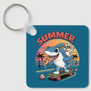 Summer pizza with shark and cat keychain