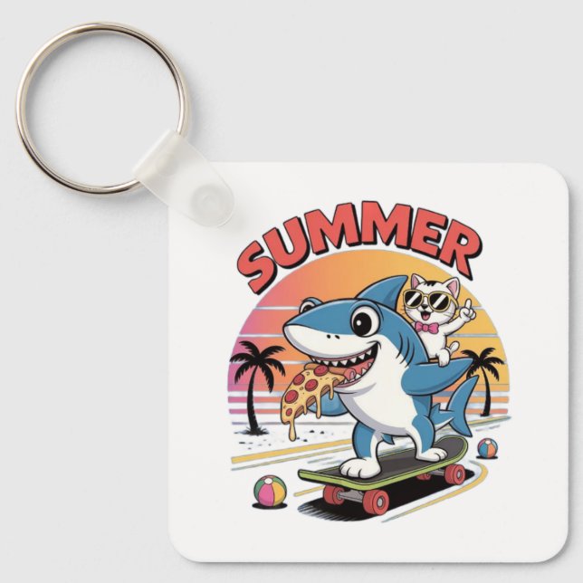 Summer pizza with shark and cat keychain (Front)