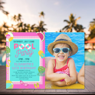 Summer Pool Birthday Bash Girl wIth Photo Invitation