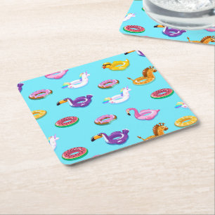 Summer Pool Float Pattern Square Paper Coaster