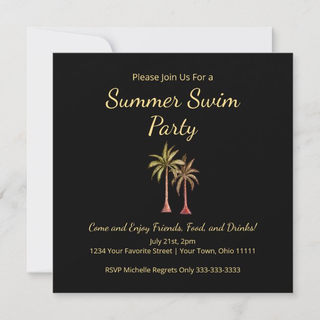 Summer Pool Party Beach Tropical Palm Trees Black Invitation (Front)