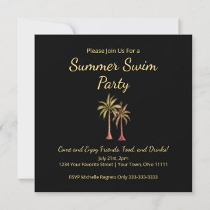 Summer Pool Party Beach Tropical Palm Trees Black Invitation