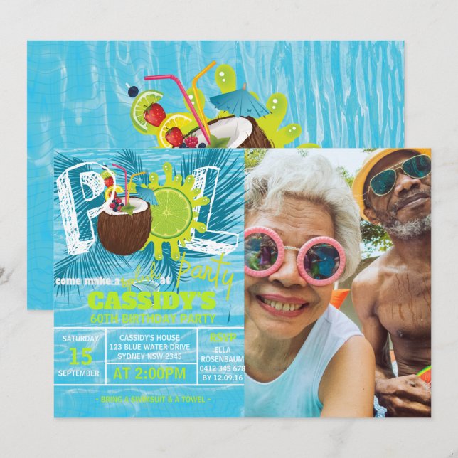 Summer Pool Party Birthday coconut PHOTO Invitation (Front/Back)