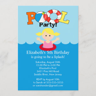 Summer POOL Party Birthday Invitation Blonde Girl