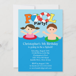 Summer POOL Party Birthday Invitation Boy Girl