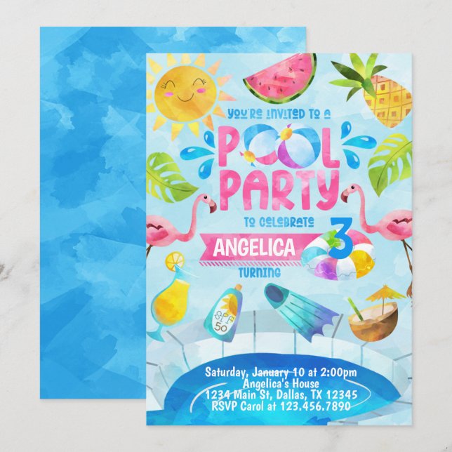 Summer Pool Party Birthday Invitation Invite (Front/Back)