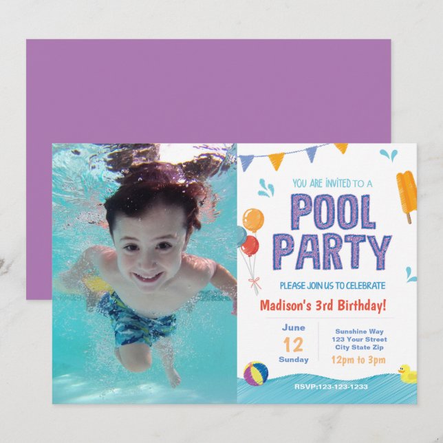 Summer Pool Party Birthday Invite with picture (Front/Back)