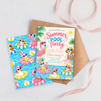 Summer Pool Party Birthday, Kids Animal Pool Party Invitation