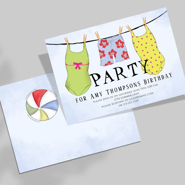Summer Pool Party Birthday Swimsuits Custom Invitation (With a whimsical beach ball on the backside. )