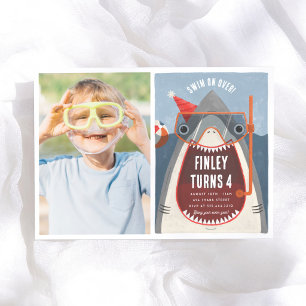Summer Pool Party Boy Shark Photo Birthday Invitation