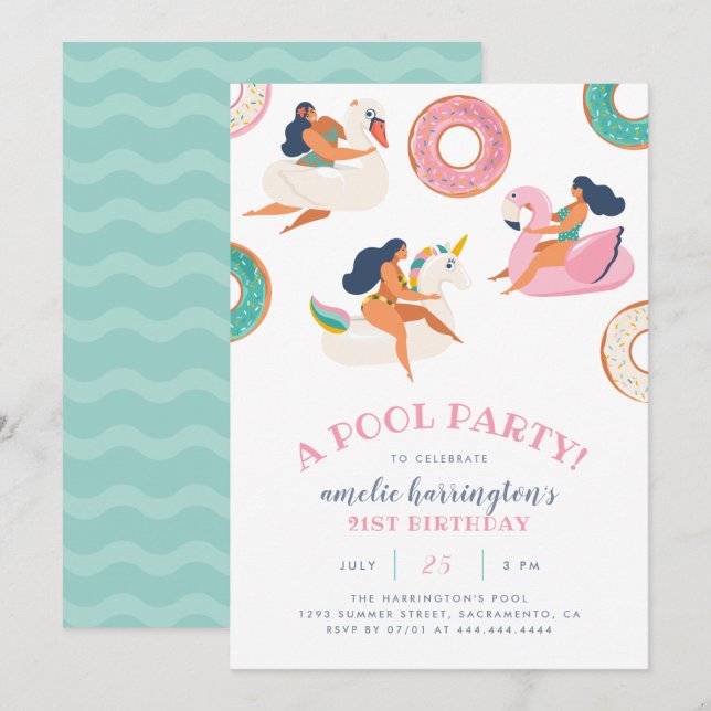 Summer Pool Party | Flamingo & Unicorn Birthday Invitation (Front/Back)