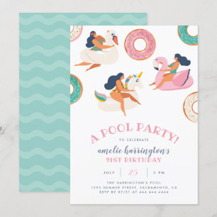 Summer Pool Party   Flamingo & Unicorn Birthday Invitation