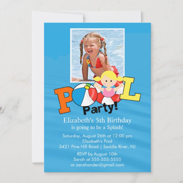 Summer POOL Party PHOTO Birthday Invitation Girl (Front)