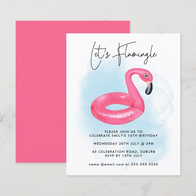 Summer Pool Party Pink Flamingo Teen Birthday Invi (Front/Back)