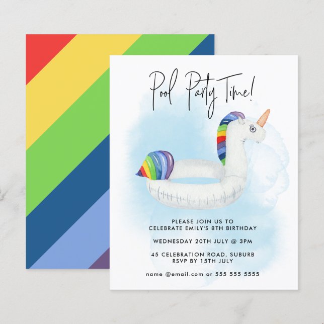 Summer Pool Party Rainbow Unicorn Any Age Birthday (Front/Back)