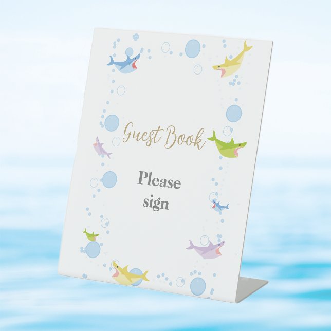 Summer Pool Party Shark Float Guest Book Pedestal Sign (Creator Uploaded)