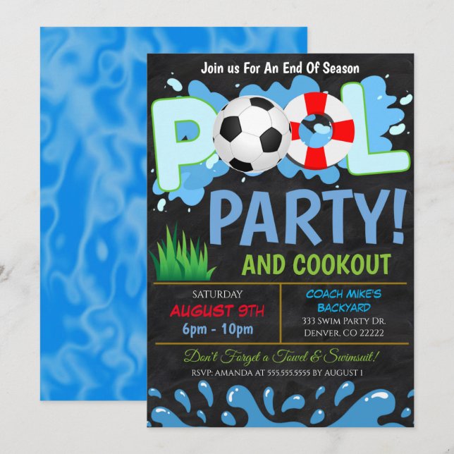 Summer Pool Soccer Party Invitation (Front/Back)