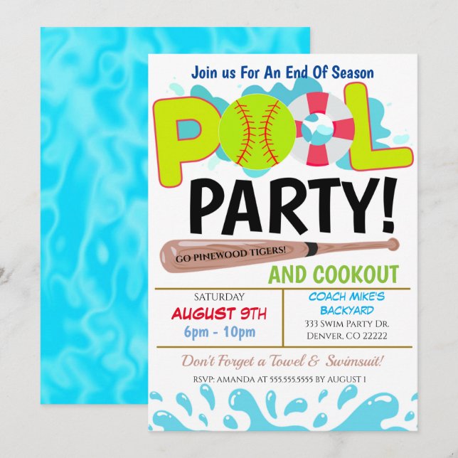 Summer Pool Softball Party Invitation (Front/Back)