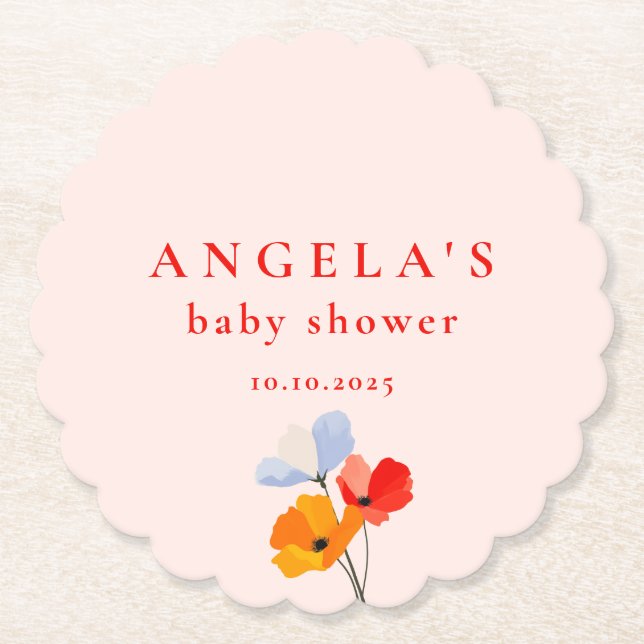 Summer Poppy Baby Shower Paper Coaster (Front)