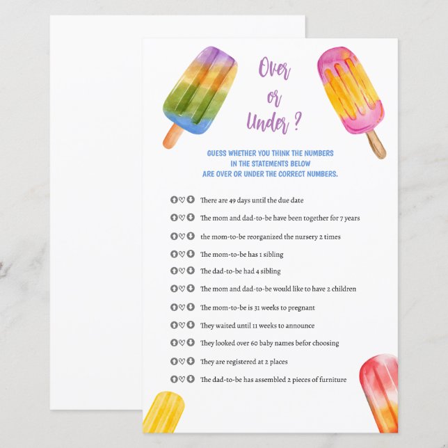Summer Popsicle Baby Shower Game Over Or Under (Front/Back)
