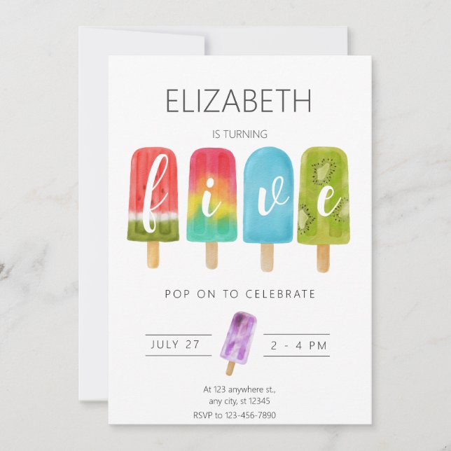 Summer popsicle ice cream birthday party invitation (Front)