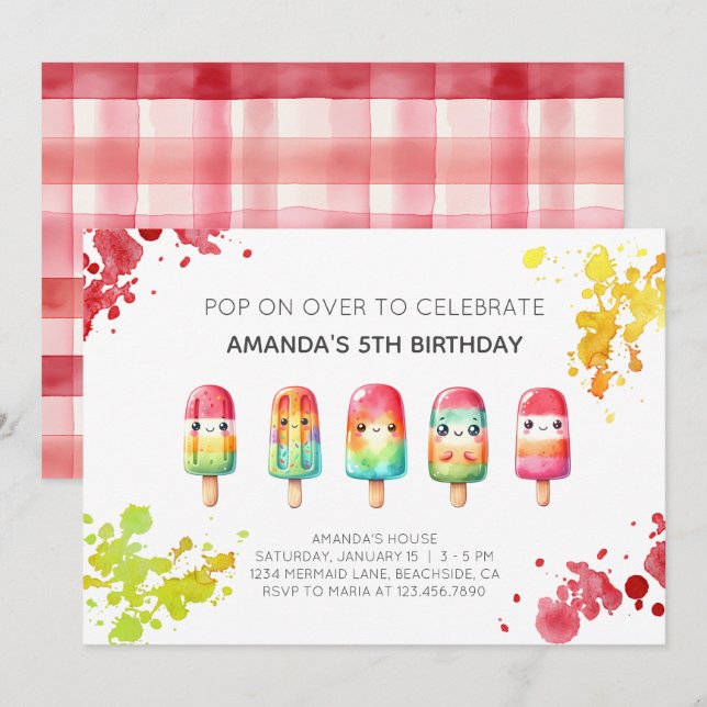 Summer popsicle ice cream birthday party invitation (Front/Back)
