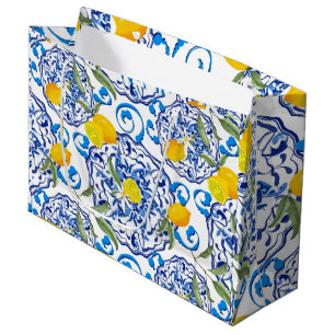 Summer ,Portuguese tiles ,citrus,lemons  Large Gift Bag