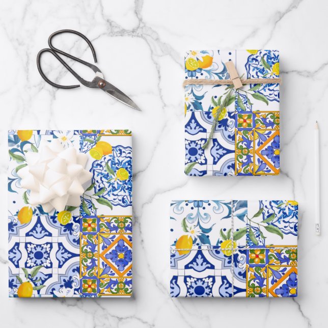 Summer ,Portuguese tiles ,citrus,lemons Mediterran Wrapping Paper Sheet (Front)