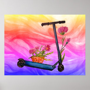 Summer Poster Push Scooter Floral Art