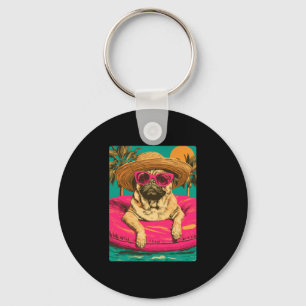 Summer pug with sunglasses cute dog tropical pool keychain