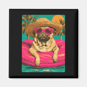 Summer pug with sunglasses cute dog tropical pool magnet
