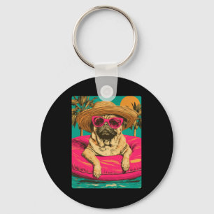 Summer Pug With Sungles Cute Dog Tropical Pool Keychain