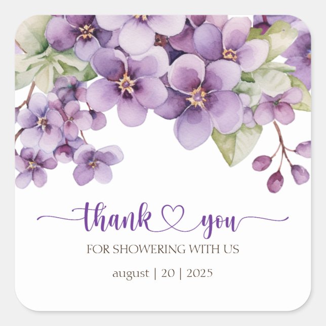 Summer Purple Delicate Violet Flowers Thank You Square Sticker (Front)