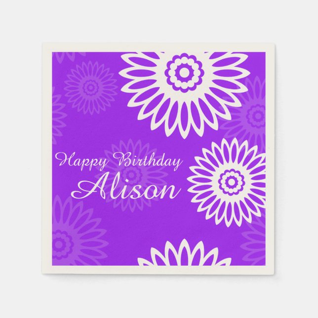 Summer Purple flowers Happy Birthday Name Napkin (Front)