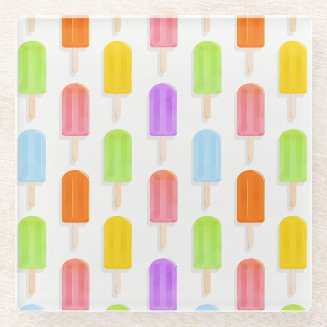 Summer Rainbow Popsicles Pattern Glass Coaster (Front)